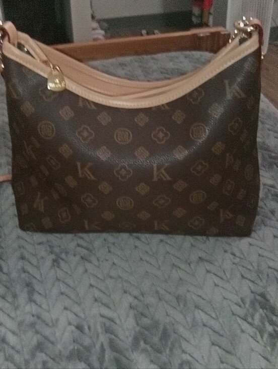 Mulankou Handbags - Brown Patterned Shoulder Bag with Tan Trim